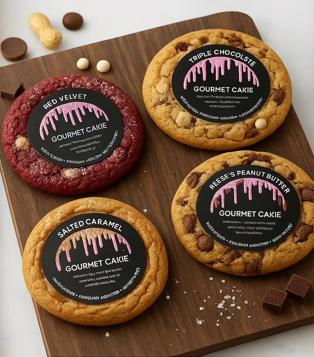 Red Velvet, Triple Chocolate, Salted Caramel and Reese's Peanut Butter Gourmet Cakies on a walnut board